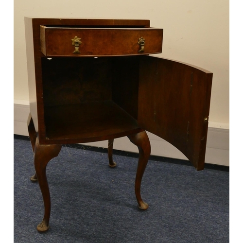 1156 - A burr walnut bow fronted bedside cupboard with 1 drawer and single panelled door in the form of 2 d... 