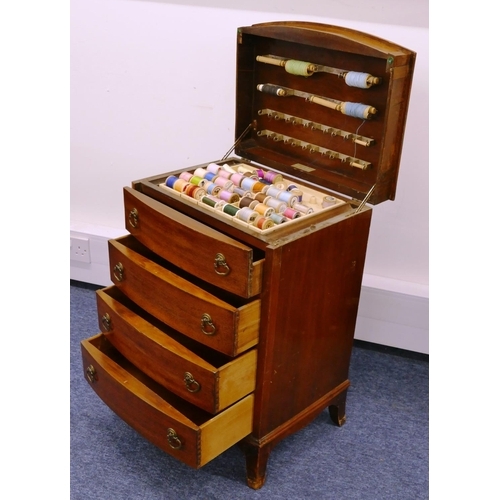 1163 - An Edwardian mahogany low bow fronted sewing chest with banded hinged top enclosing fitted interior,... 