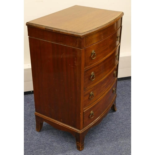 1163 - An Edwardian mahogany low bow fronted sewing chest with banded hinged top enclosing fitted interior,... 