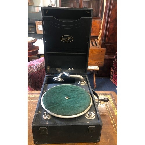 6150 - An Eddison Bell black leather portable record player including 6 78rpm records (working)