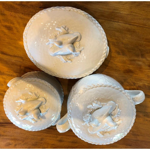 6158 - 3 Royal Worcester Fine Porcelain white oven dishes each with lids and bird handles. (3)