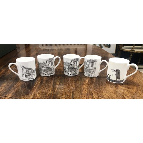 6162 - 4 white china mugs depicting Dorking street scenes and 1 other mug depicting huntsman and 2 dogs. (5... 