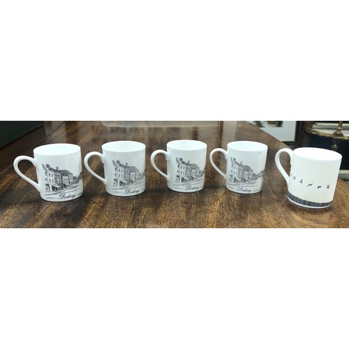 6162 - 4 white china mugs depicting Dorking street scenes and 1 other mug depicting huntsman and 2 dogs. (5... 