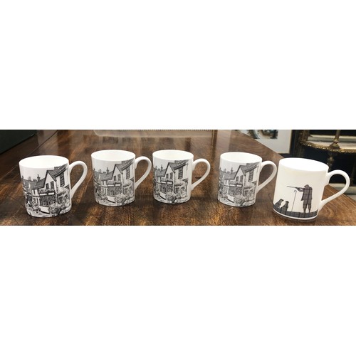 6162 - 4 white china mugs depicting Dorking street scenes and 1 other mug depicting huntsman and 2 dogs. (5... 