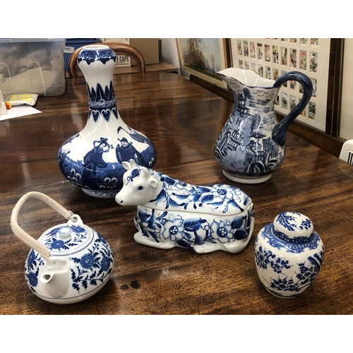 6163 - A quantity of blue and white china including an Oriental round bulbous thin necked vase 34cm high, a... 