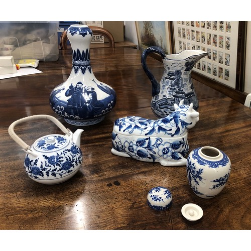 6163 - A quantity of blue and white china including an Oriental round bulbous thin necked vase 34cm high, a... 