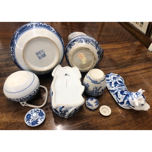 6163 - A quantity of blue and white china including an Oriental round bulbous thin necked vase 34cm high, a... 