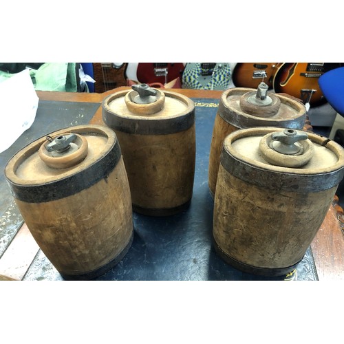 6185 - 4 miniature wooden barrels/flasks with screw stoppers, 2 jugs and various ceramic bottles.