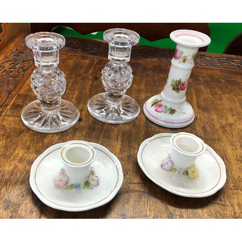 6169 - A pair of Royale Stratford dwarf candlesticks, a pair of cut glass candlesticks and 1 other candlest... 