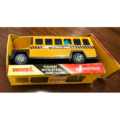 7104 - Various toy buses, tram, truck and racing car.