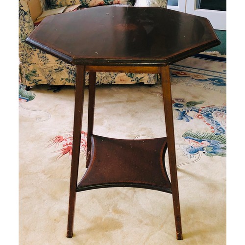 7079 - A small occasional table with hexagonal top and marquetry to centre, shelf below, 70cm high, top 54.... 