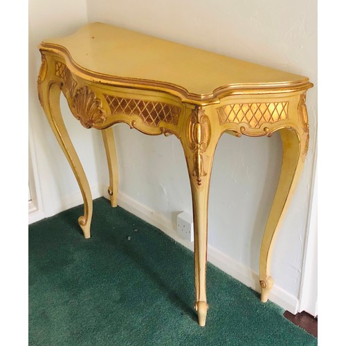 7076 - An ornate cream painted console table with gilt detail, curved legs, 1 drawer  below, 101cm high, 10... 