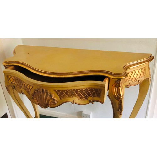 7076 - An ornate cream painted console table with gilt detail, curved legs, 1 drawer  below, 101cm high, 10... 