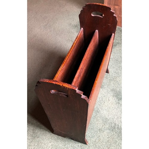 7072 - A wooden magazine 2-sectioned rack with handle, 46cm high, 48cm wide, 19cm deep.(not held by PFW)