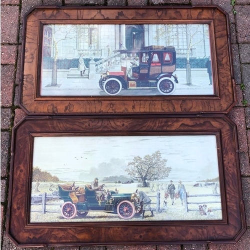 7111 - A pair of colour prints depicting vintage cars in walnut frames, 52.5cm x 94cm overall