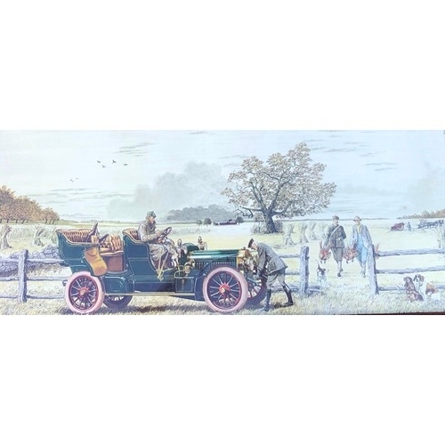 7111 - A pair of colour prints depicting vintage cars in walnut frames, 52.5cm x 94cm overall