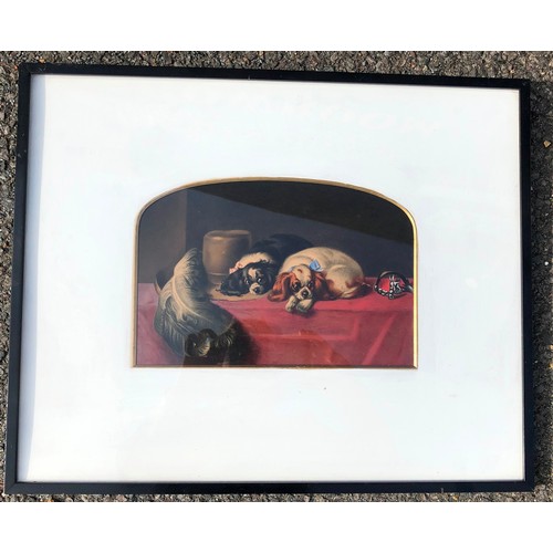 7150 - A coloured print of 2 spaniel dogs on black frame, 24 x 16cm.