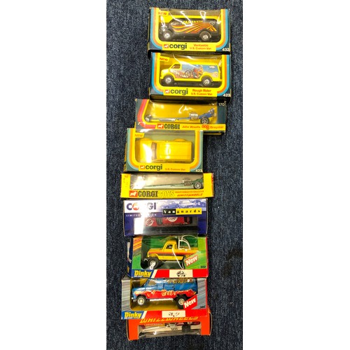 7154 - 3 Corgi dragster model cars, 3 Corgi US Custom vans, a Corgi Vanguards Subaru, a Dinky Landrover 202... 