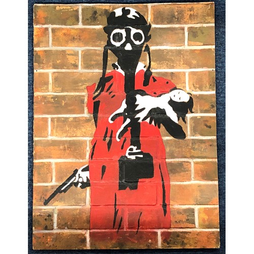 7165 - A copy after Banksy picture of a child with gas mask, on fibreglass, 81cm x 60.5cm