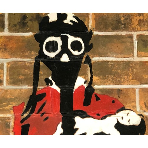 7165 - A copy after Banksy picture of a child with gas mask, on fibreglass, 81cm x 60.5cm