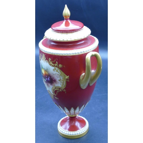 1 - A Royal Worcester round bulbous thin necked 2-handled lidded vase on red ground with hand painted pa... 