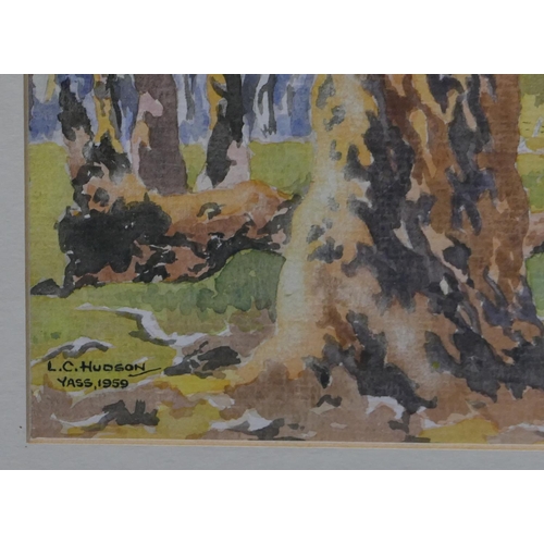 113 - L.C. Hudson Australian watercolour depicting gum tree, signed and inscribed Yass, 1959, in gilt fram... 