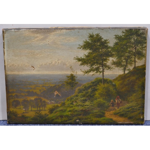 119 - Horice W Gilbert, 19th Century small oil on canvas depicting 2 young girls on hillside country path ... 