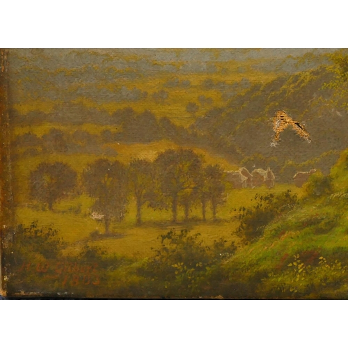 119 - Horice W Gilbert, 19th Century small oil on canvas depicting 2 young girls on hillside country path ... 