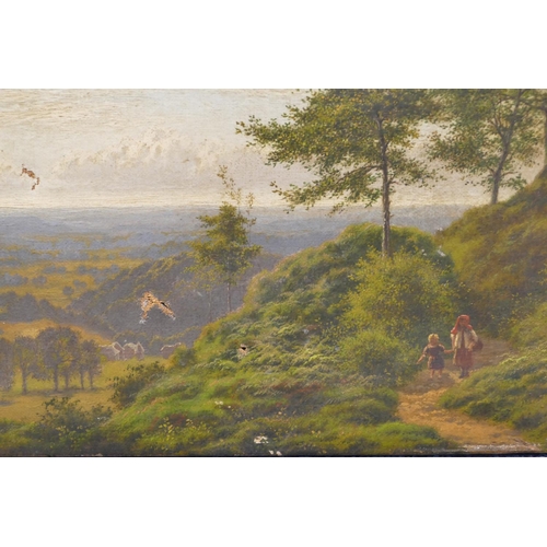 119 - Horice W Gilbert, 19th Century small oil on canvas depicting 2 young girls on hillside country path ... 