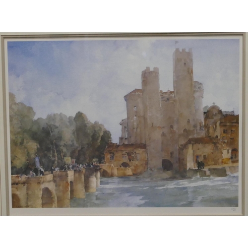 122 - William Russell Flint limited edition print depicting castle and figures on bridge, numbered 270/650... 