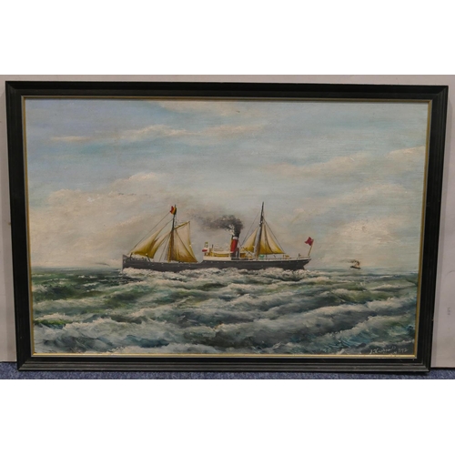 128 - A marine oil on board depicting steam sailing ship, indistinctly signed and dated '72 in black frame... 