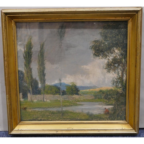 134 - Pastel depicting figure on riverbank with trees in background, unsigned, in gilt frame, 35.5cm x 38c... 