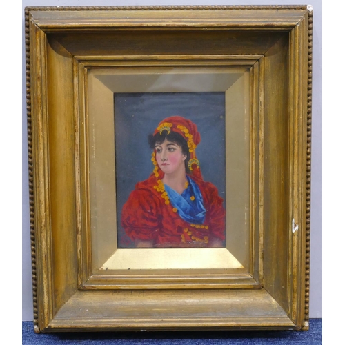 135 - W L Guest, 19th Century oil on panel, shoulder length portrait of an Eastern lady with red shawl, si... 