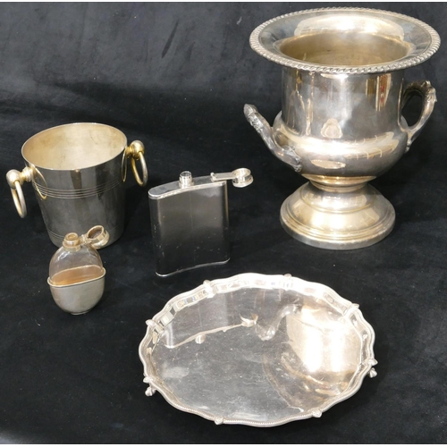 152 - A glass and silver plated hip flask with hinged lid, 11cm high, a silver plated round bulbous trumpe... 