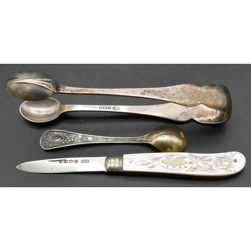 154 - A pair of Sheffield silver sugar tongs, a Birmingham and Mother of Pearl pen knife, a London small s... 