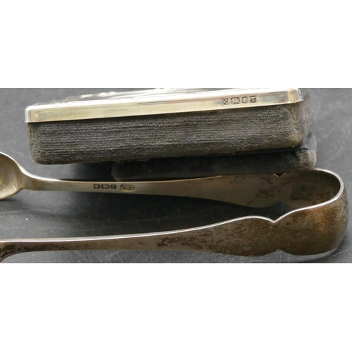 154 - A pair of Sheffield silver sugar tongs, a Birmingham and Mother of Pearl pen knife, a London small s... 