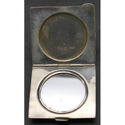 159 - A Chester silver square compact with engine turned decorated hinged front enclosing circular mirror,... 