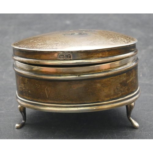 162 - A Birmingham silver trinket box with hinged lid enclosing part velvet interior on splayed feet, engr... 