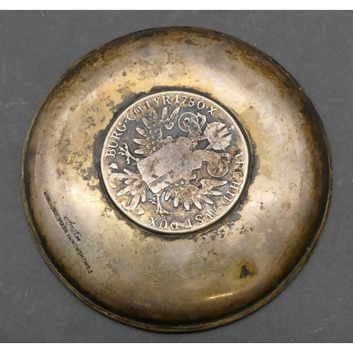 167 - A Hong Kong Wai-kee Sterling silver round dish inset with 18th Century coin, 9.2cm diameter, 2.1oz