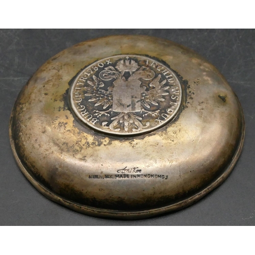 167 - A Hong Kong Wai-kee Sterling silver round dish inset with 18th Century coin, 9.2cm diameter, 2.1oz