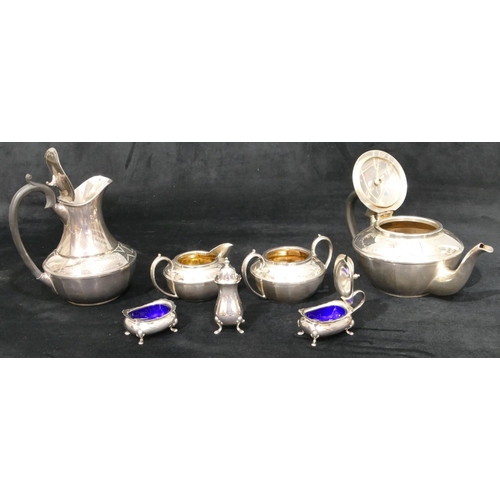 169 - A 3-piece plated rectangular bulbous shaped cruet set, cased, a 4-piece round bulbous shaped tea ser... 