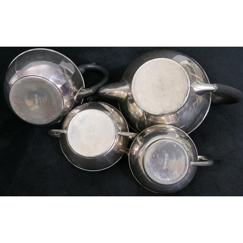 169 - A 3-piece plated rectangular bulbous shaped cruet set, cased, a 4-piece round bulbous shaped tea ser... 