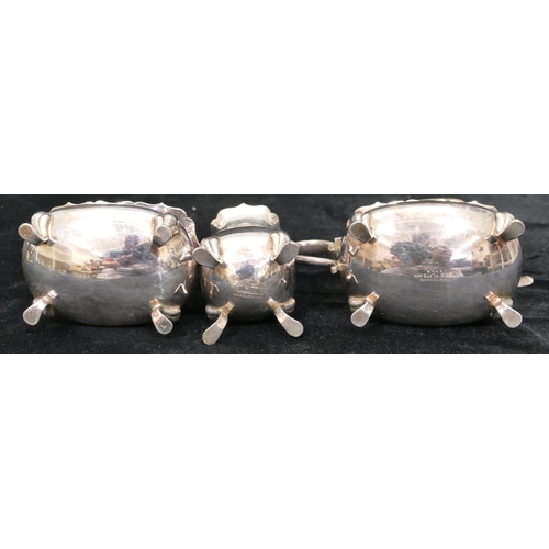 169 - A 3-piece plated rectangular bulbous shaped cruet set, cased, a 4-piece round bulbous shaped tea ser... 