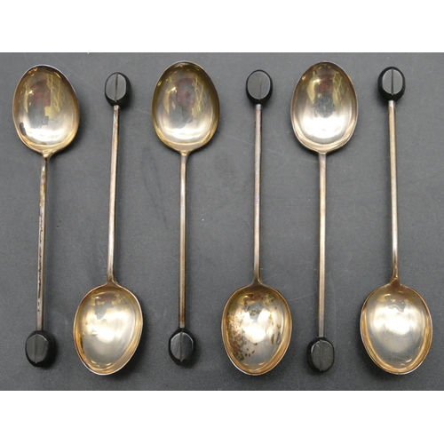 171 - A set of 6 Birmingham silver coffee bean spoons in fitted black leather case, 1oz gross