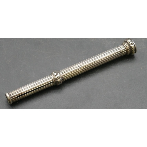 176 - S. Mordan & Co. reeded silver propelling pencil mounted with yellow seal stone to end, 9.5cm long cl... 