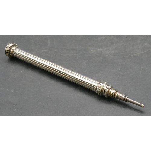 176 - S. Mordan & Co. reeded silver propelling pencil mounted with yellow seal stone to end, 9.5cm long cl... 