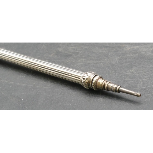 176 - S. Mordan & Co. reeded silver propelling pencil mounted with yellow seal stone to end, 9.5cm long cl... 