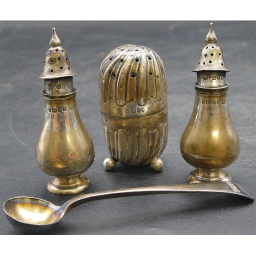 178 - A pair of Victorian Sheffield silver small round bulbous shaped pepper pots, a Victorian silver bulb... 