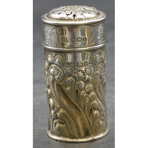 180 - A Sheffield silver cylindrical Pepperette with allover embossed scroll and leaf decoration, maker's ... 