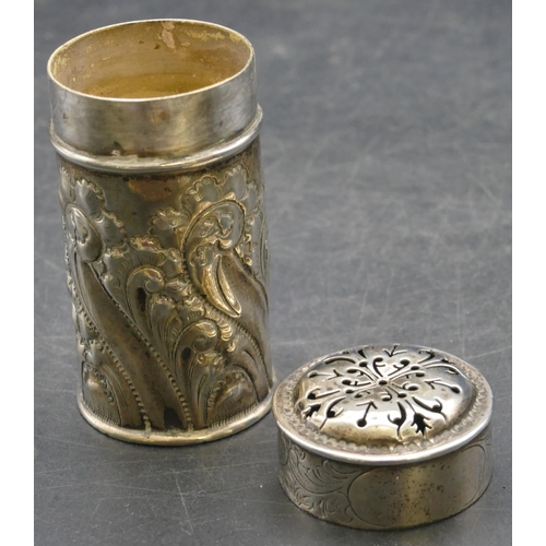 180 - A Sheffield silver cylindrical Pepperette with allover embossed scroll and leaf decoration, maker's ... 